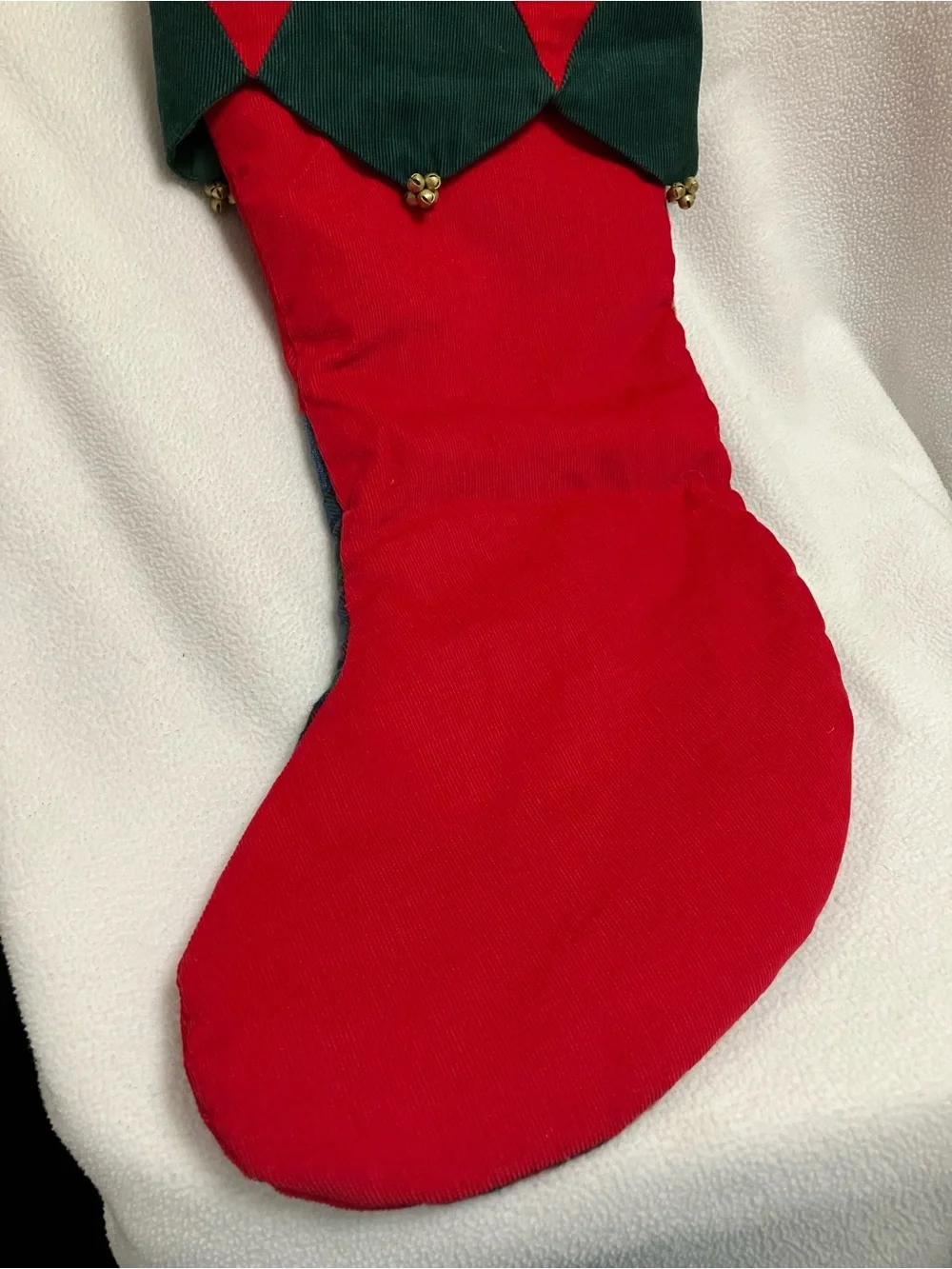 retired Pier 1 Imports patchwork quilt Christmas stocking. Red heart. Tiny bells